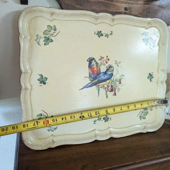 Vintage Italian Florentine Serving Tray Cream Decorative with Bird Design